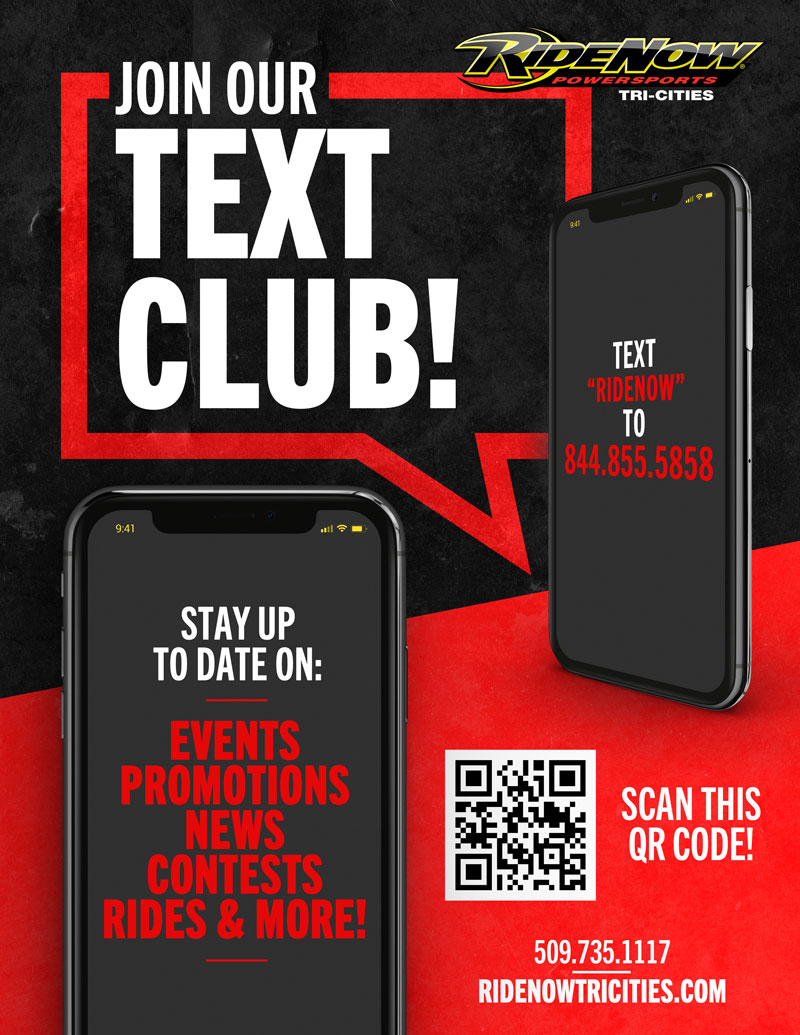 Join our text club. Text "Ridenow" to 844-855-5858 or scan this QR code.